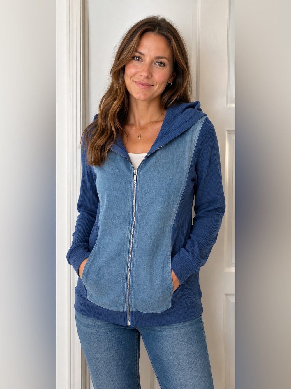DG2 by Diane Gilman Waffle Knit Zip Front Hoodie Blue Women’s Medium
